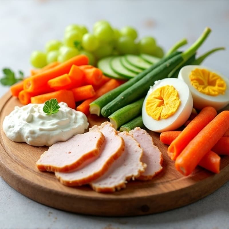 Protein-Rich Grazing Board with Crisp Vegetables and Creamy Spreads