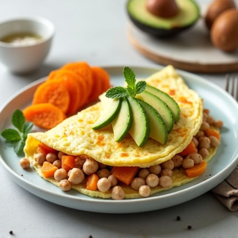 Egg White Omelette with Chickpeas, Turkey, and Avocado with Roasted Sweet Potato