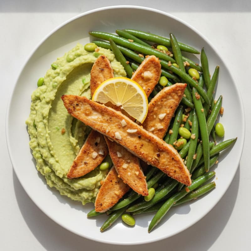 Crispy Baked Seitan with Garlic Green Beans and Edamame Mash