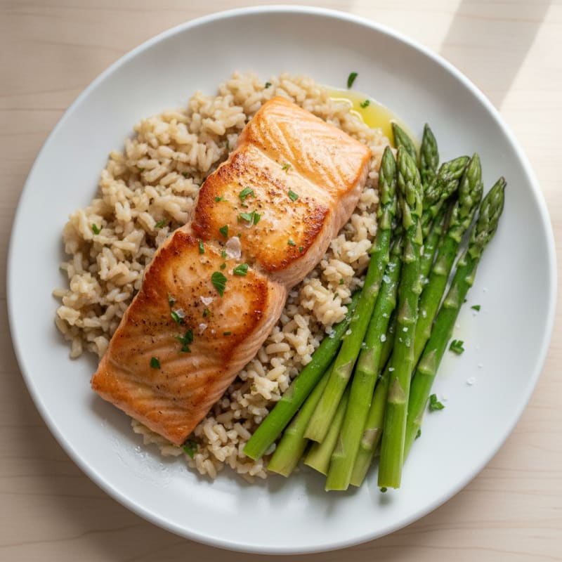 Seared Salmon with Steamed Asparagus and Brown Rice