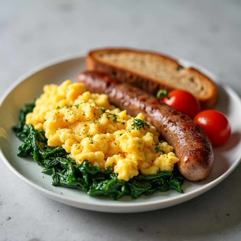 Egg White Scramble with Turkey Sausage and Sautéed Spinach