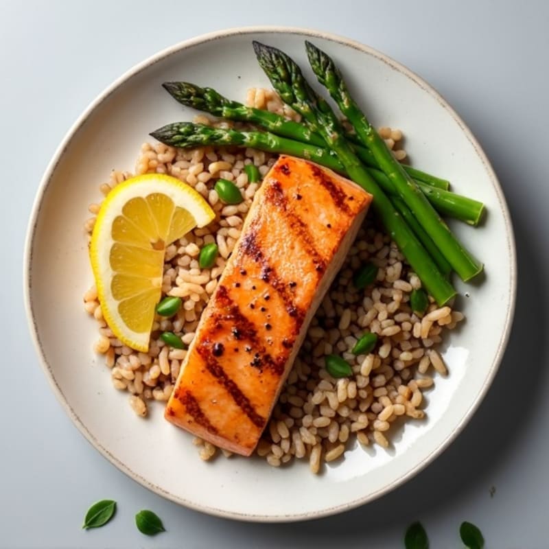 Seared Salmon Fillet with Steamed Asparagus and Brown Rice