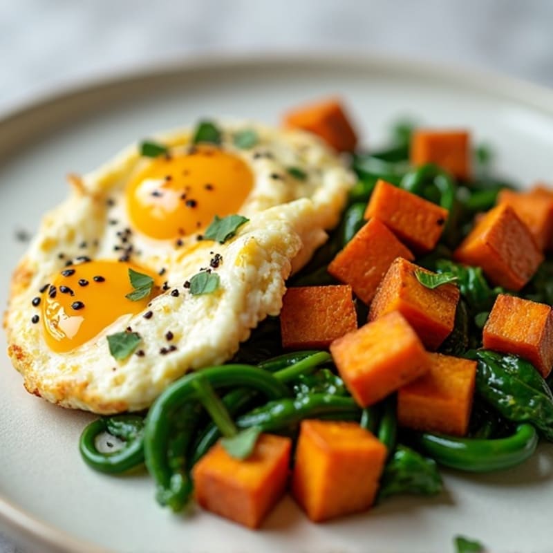 Egg White and Turkey Sausage Scramble with Spinach and Roasted Sweet Potato