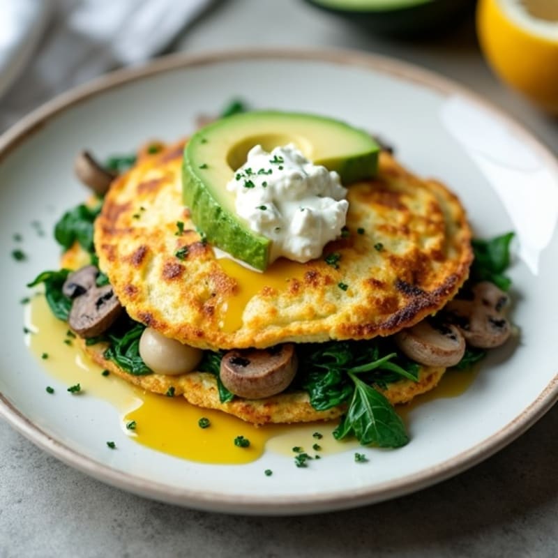 Egg White Spinach Omelette with Cottage Cheese and Sautéed Mushrooms