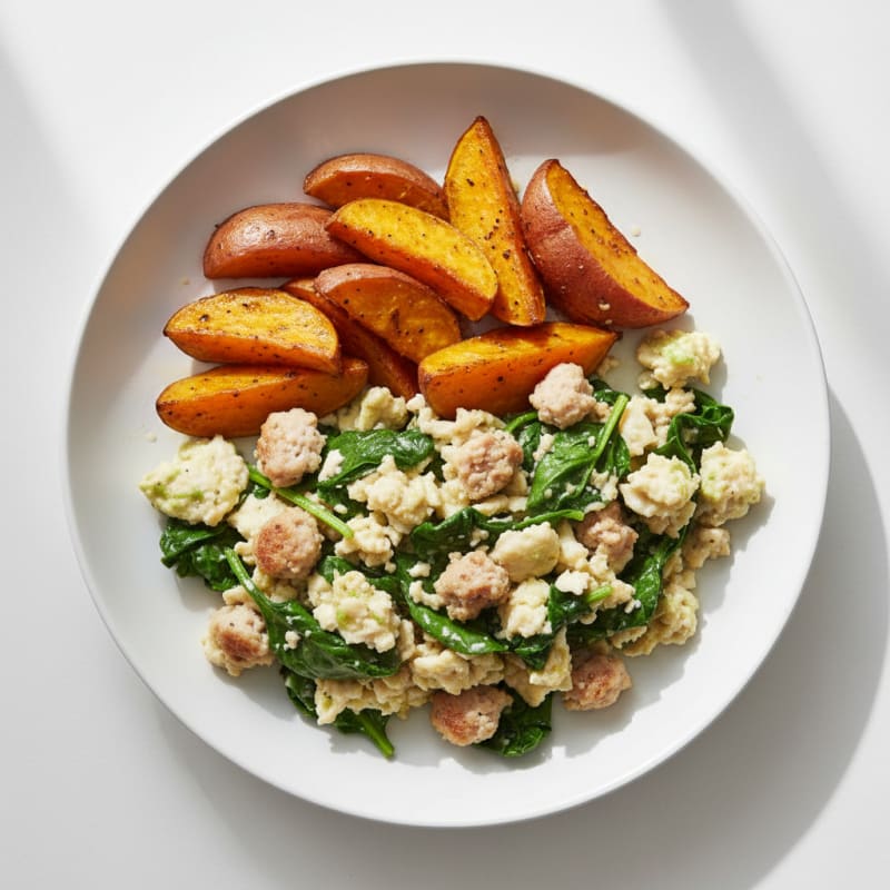 Egg White and Turkey Sausage Scramble with Spinach and Roasted Sweet Potato