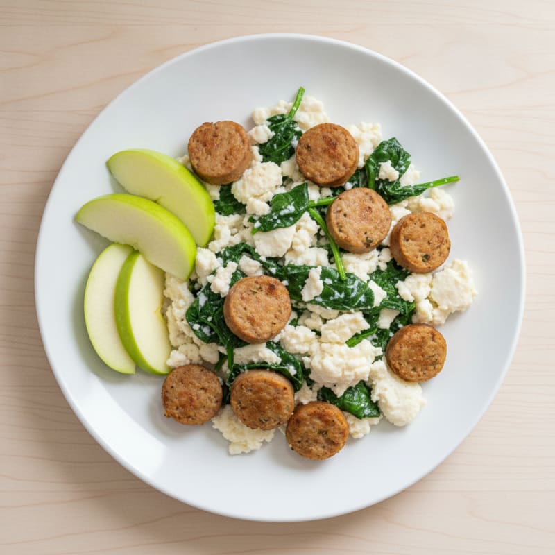 Egg White Scramble with Turkey Sausage and Sautéed Spinach