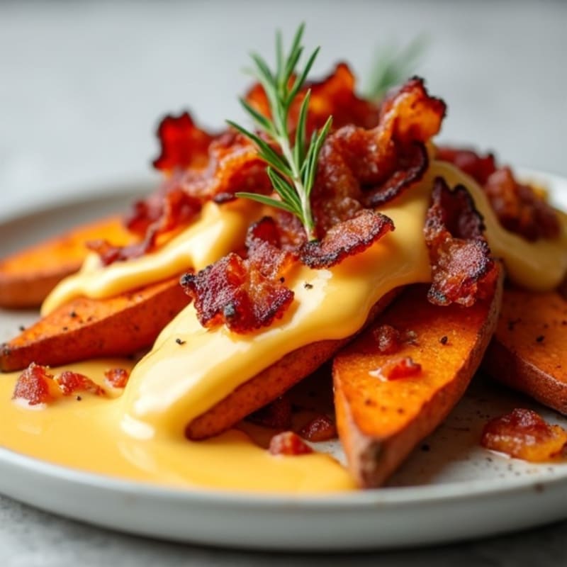Crispy Roasted Sweet Potato Wedges with Creamy Cheddar Sauce and Smoky Bacon