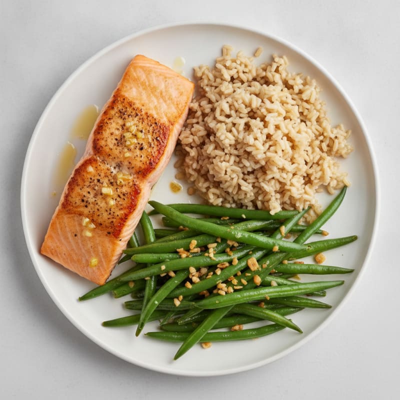 Seared Salmon with Garlic Green Beans and Brown Rice