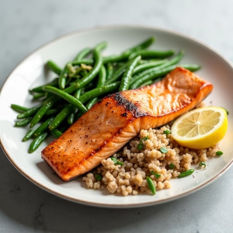 Seared Salmon with Garlic Green Beans and Brown Rice
