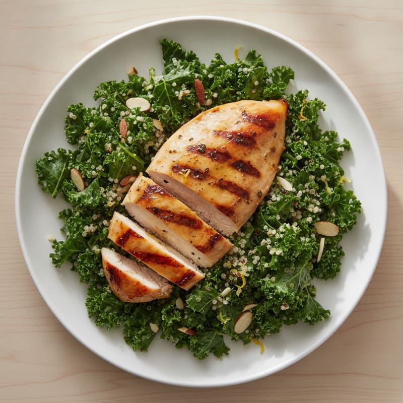 Grilled Chicken Breast with Crunchy Kale Salad and Quinoa