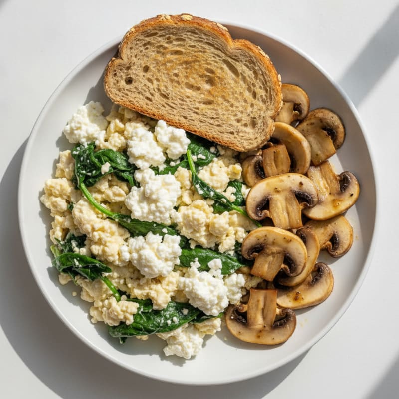 Egg White Spinach Scramble with Cottage Cheese and Sautéed Mushrooms