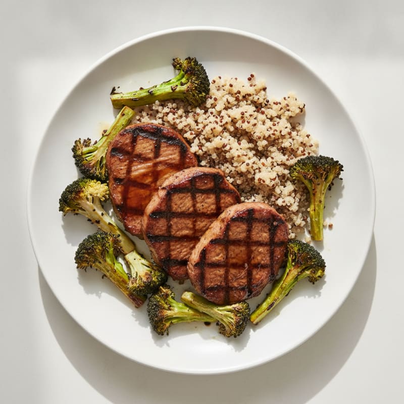 Grilled Seitan Steaks with Roasted Broccoli and Quinoa