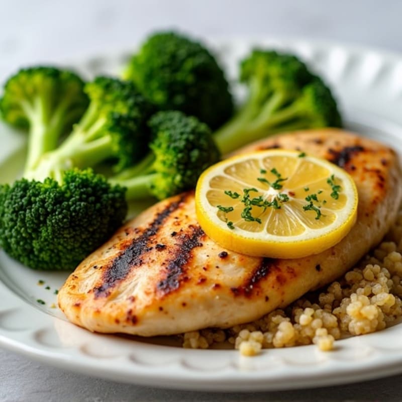 Lemon Garlic Grilled Chicken Breast with Steamed Broccoli and Quinoa