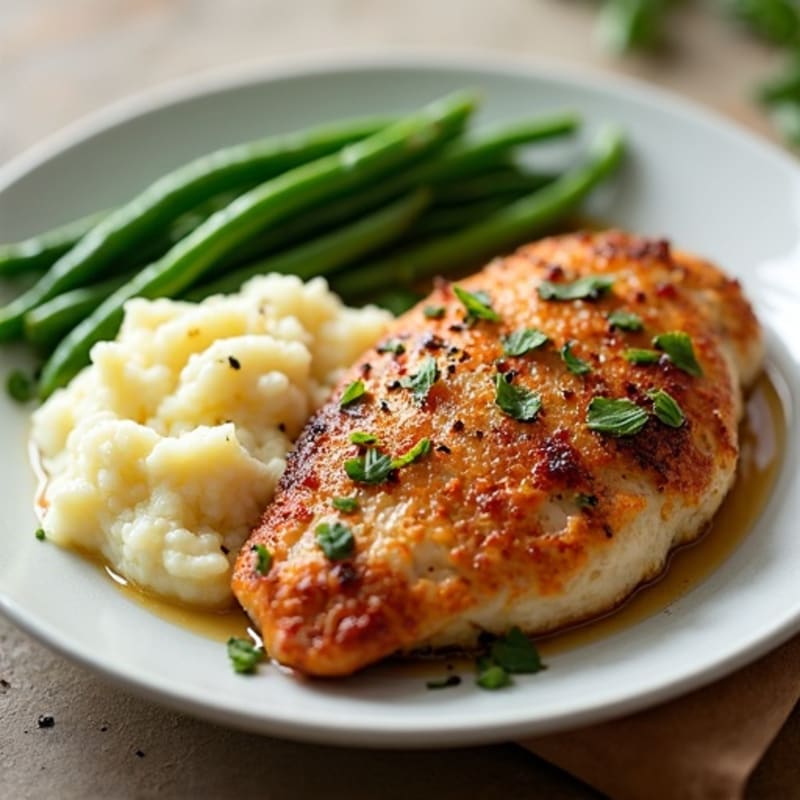 Crispy Pan-Seared Chicken with Buttery Garlic Mashed Potatoes and Roasted Green Beans
