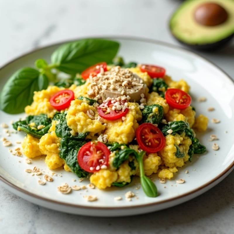 Egg White Spinach Scramble with Cottage Cheese and Cherry Tomatoes