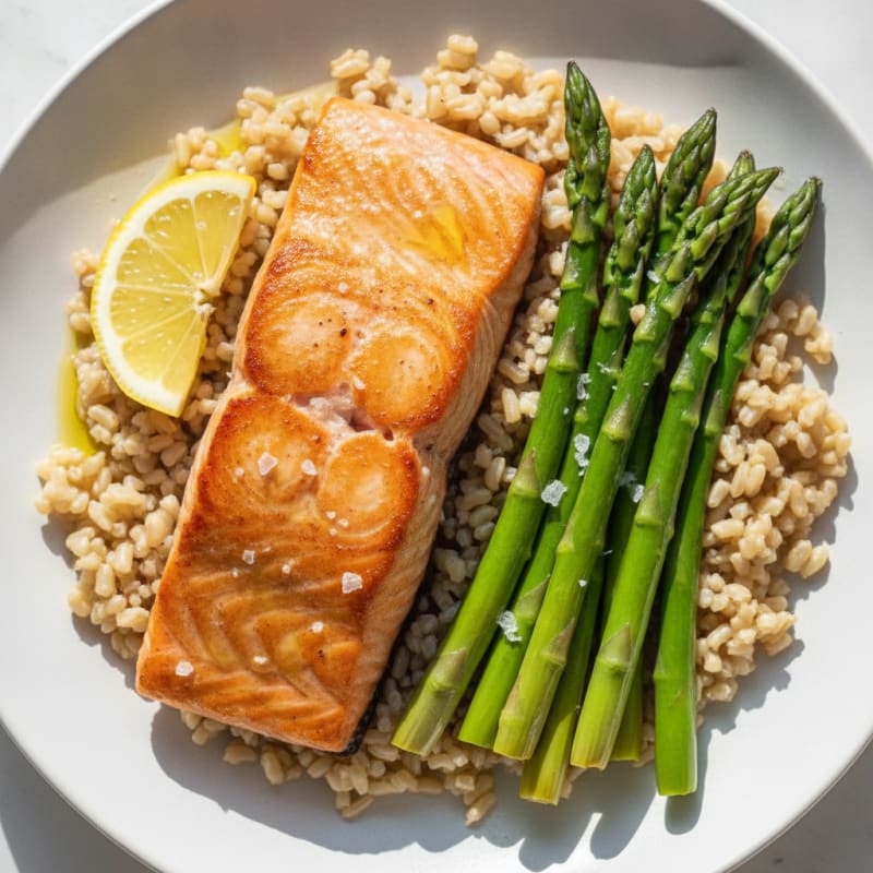 Seared Salmon with Steamed Asparagus and Brown Rice