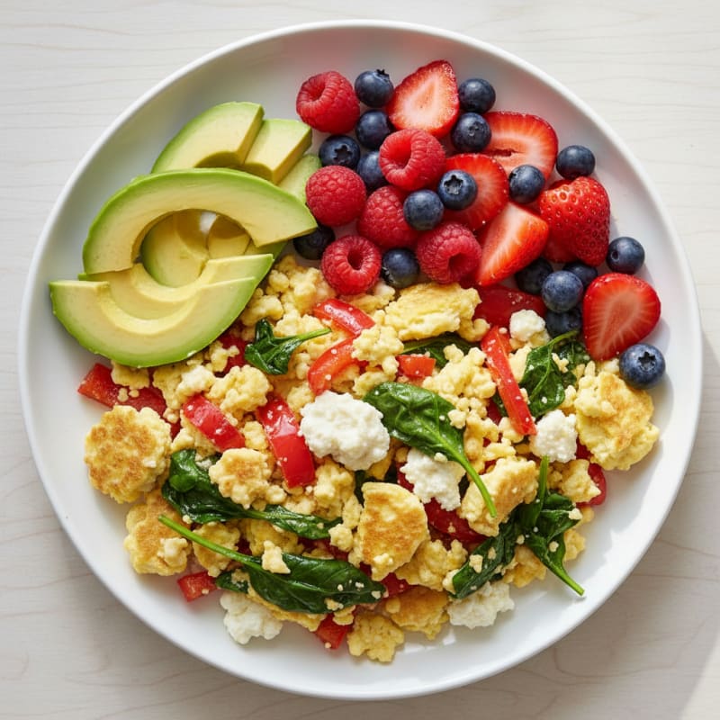 Egg and Cottage Cheese Veggie Scramble with Fresh Berries