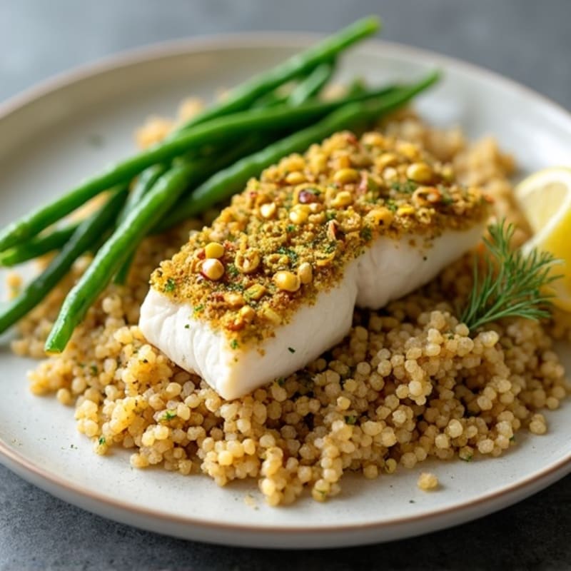 Pistachio-Crusted Cod with Lemon-Herb Quinoa and Garlicky Green Beans