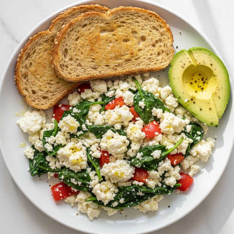Egg White and Cottage Cheese Scramble with Sautéed Spinach and Bell Peppers