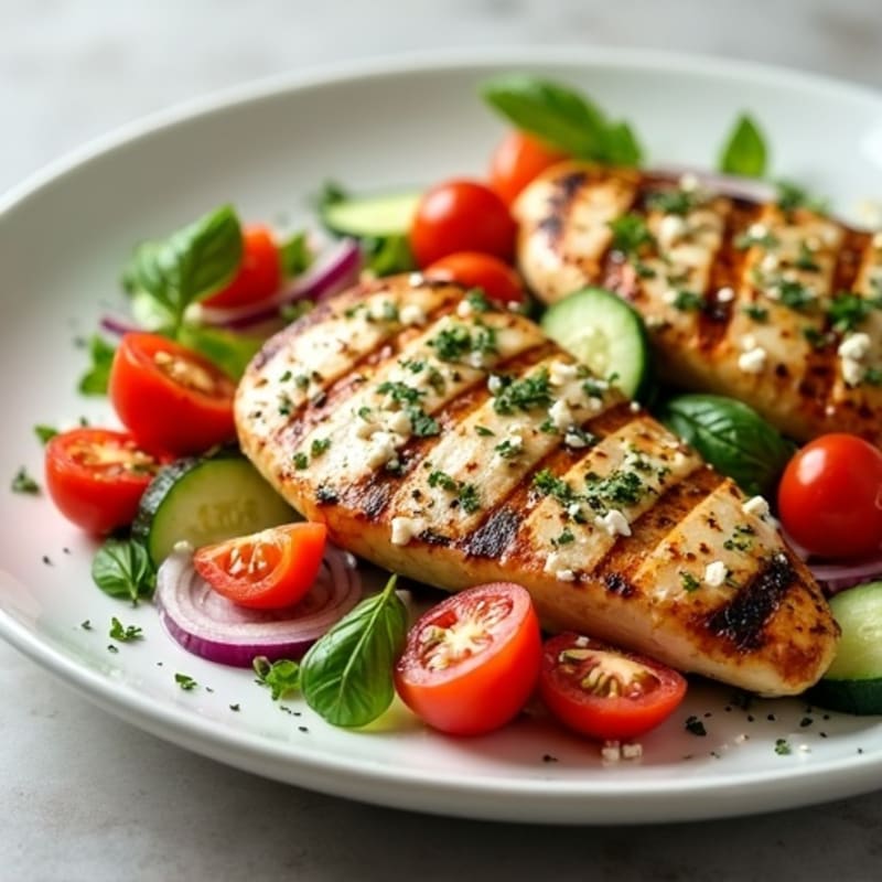 Grilled Lemon Herb Chicken with Crisp Feta and Fresh Vegetable Salad