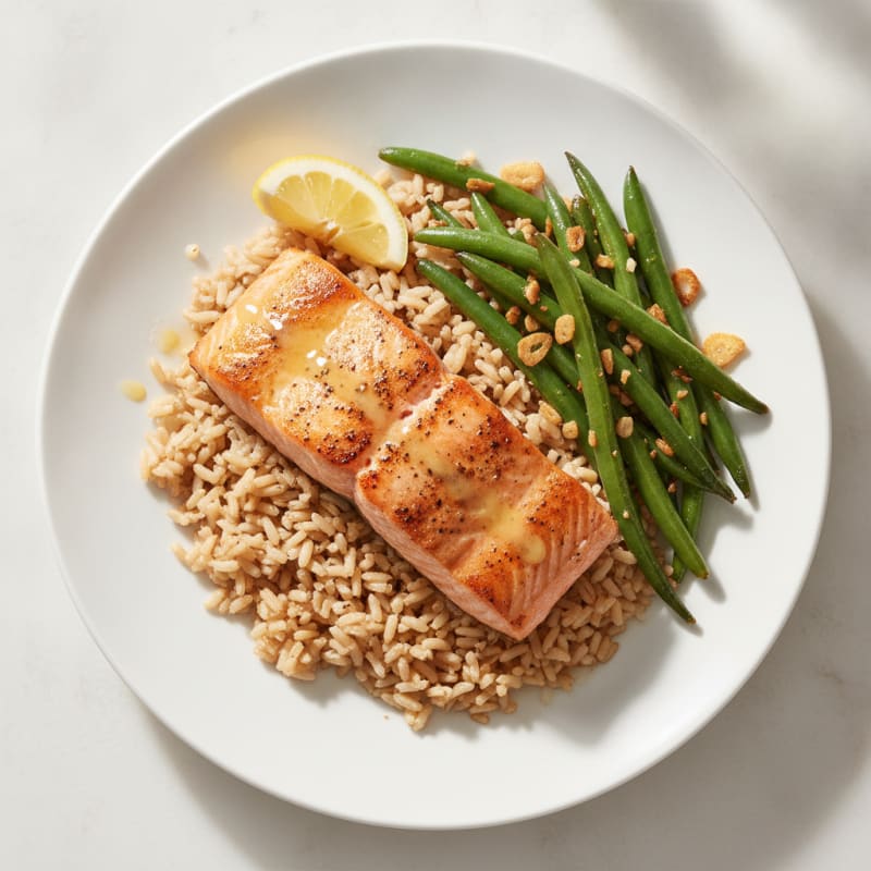 Seared Salmon Fillet with Garlic Green Beans and Brown Rice