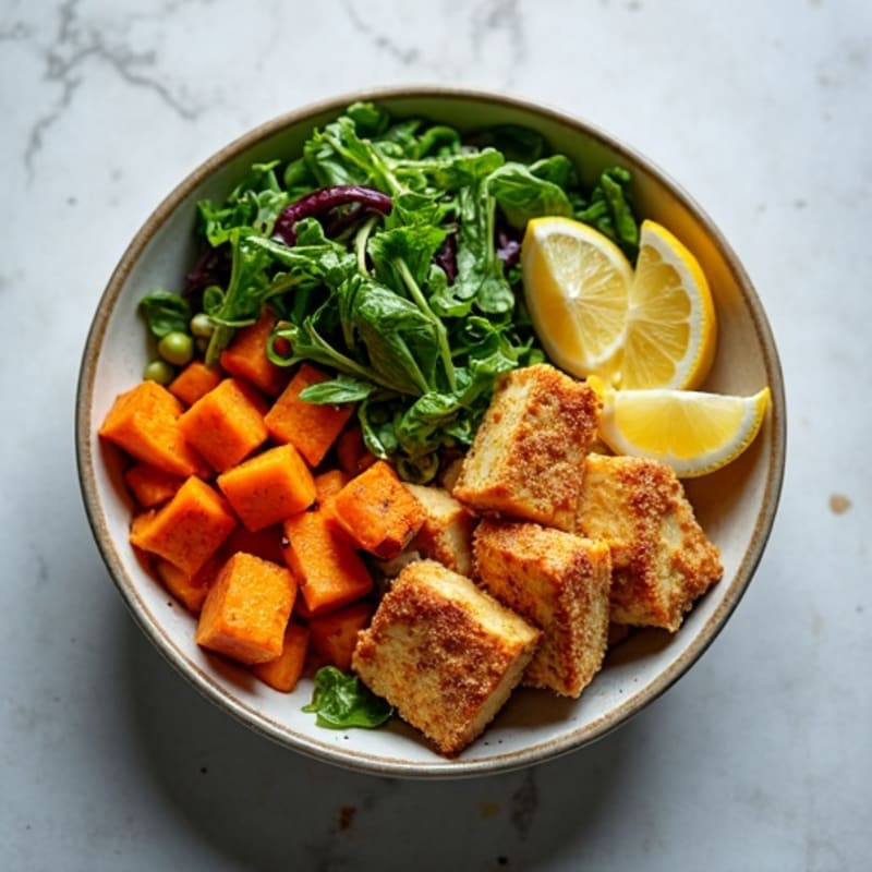 Crispy Tofu Power Bowl with Roasted Sweet Potatoes and Fresh Greens