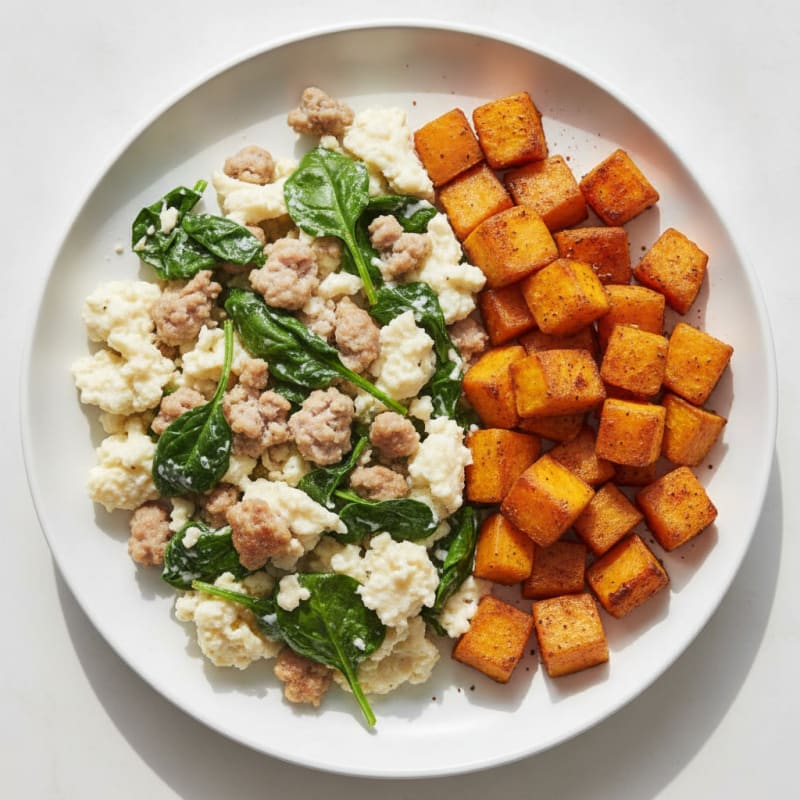 Egg White and Turkey Sausage Scramble with Spinach and Roasted Sweet Potato