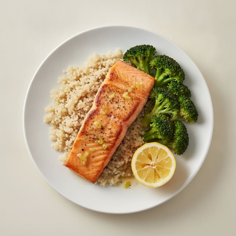 Seared Salmon Fillet with Steamed Broccoli and Quinoa