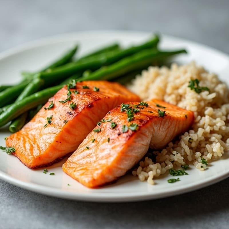 Seared Salmon with Steamed Green Beans and Brown Rice
