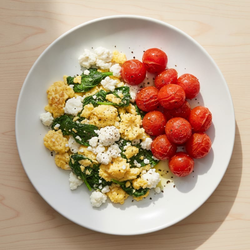Cottage Cheese and Spinach Egg Scramble with Roasted Tomatoes