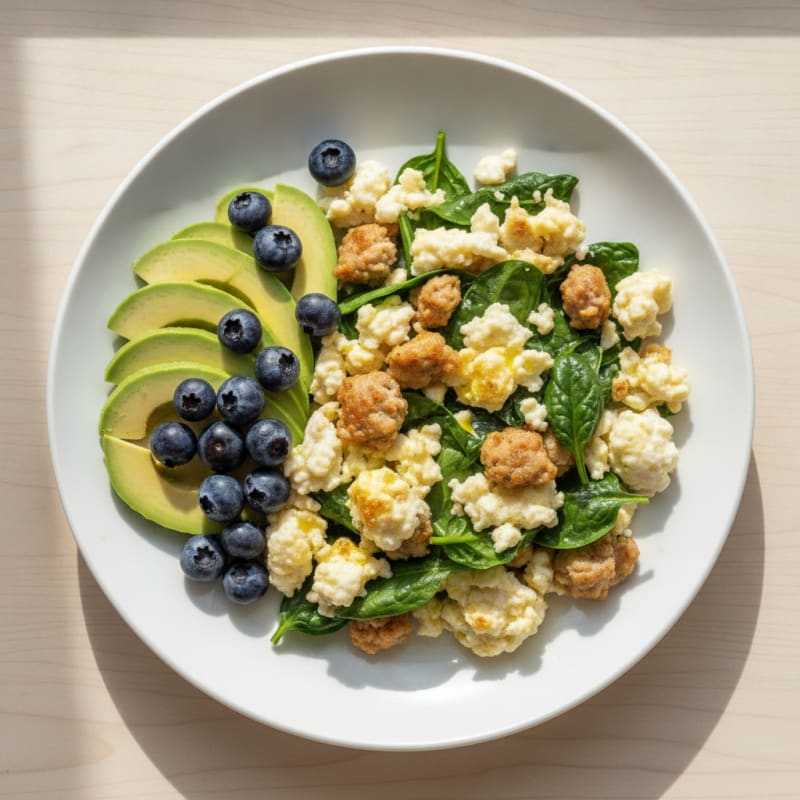 Egg White and Turkey Sausage Scramble with Baby Spinach