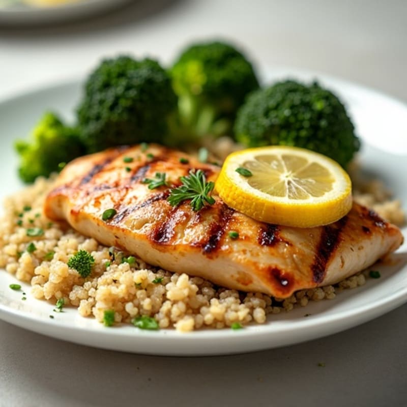 Grilled Lemon-Garlic Chicken Breast with Quinoa and Roasted Broccoli