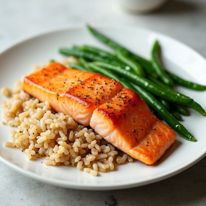 Seared Salmon with Steamed Green Beans and Brown Rice