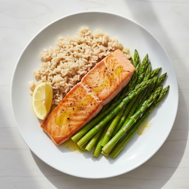 Seared Salmon with Steamed Asparagus and Brown Rice