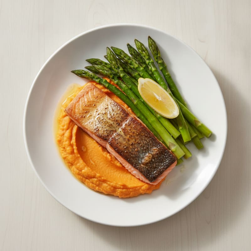 Seared Salmon with Steamed Asparagus and Sweet Potato Mash