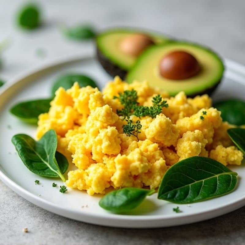 Fluffy Scrambled Eggs with Fresh Spinach and Avocado
