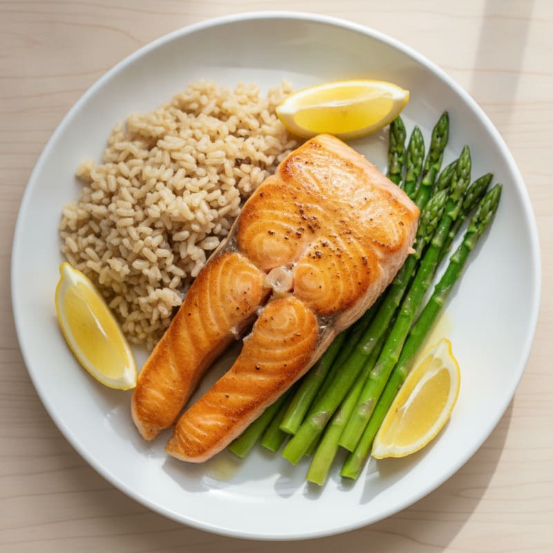 Seared Salmon with Steamed Asparagus and Brown Rice