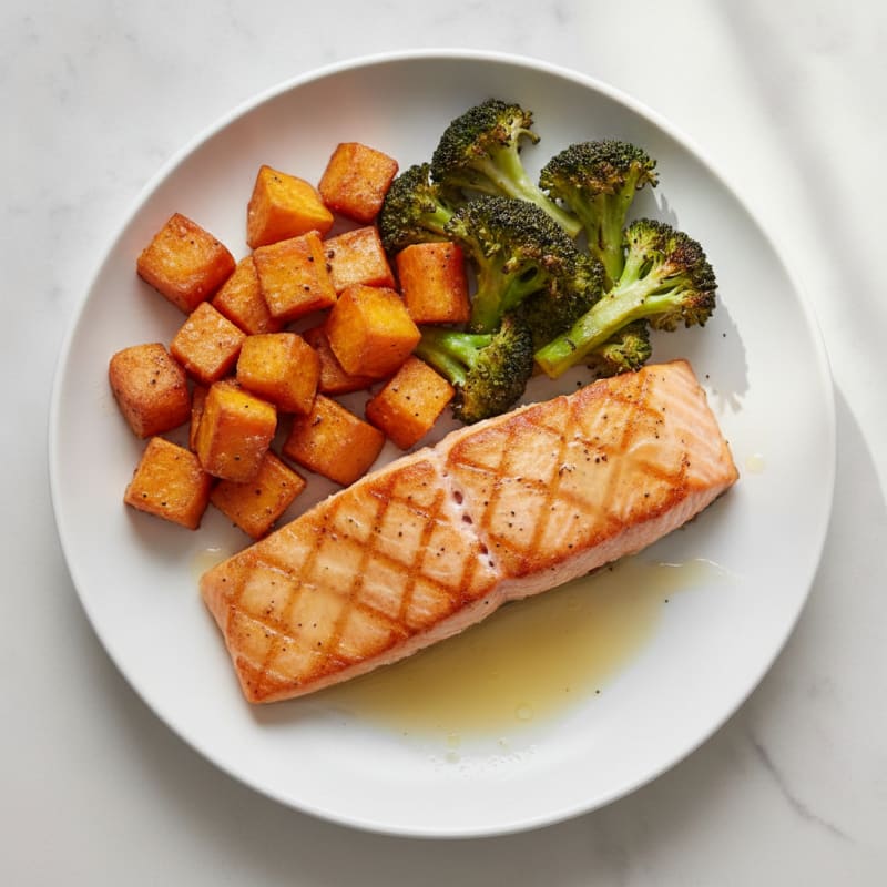 Seared Salmon with Roasted Sweet Potato and Broccoli