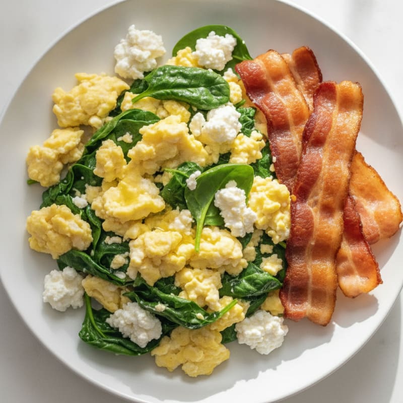 Cottage Cheese Egg Scramble with Spinach and Turkey Bacon