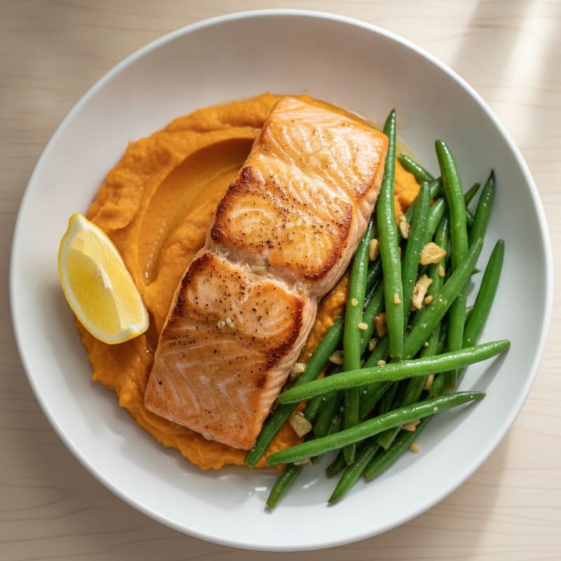 Seared Salmon Fillet with Garlic Green Beans and Sweet Potato Mash