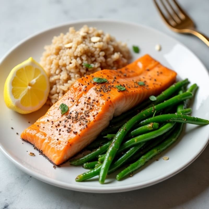 Seared Salmon with Garlic Green Beans and Brown Rice
