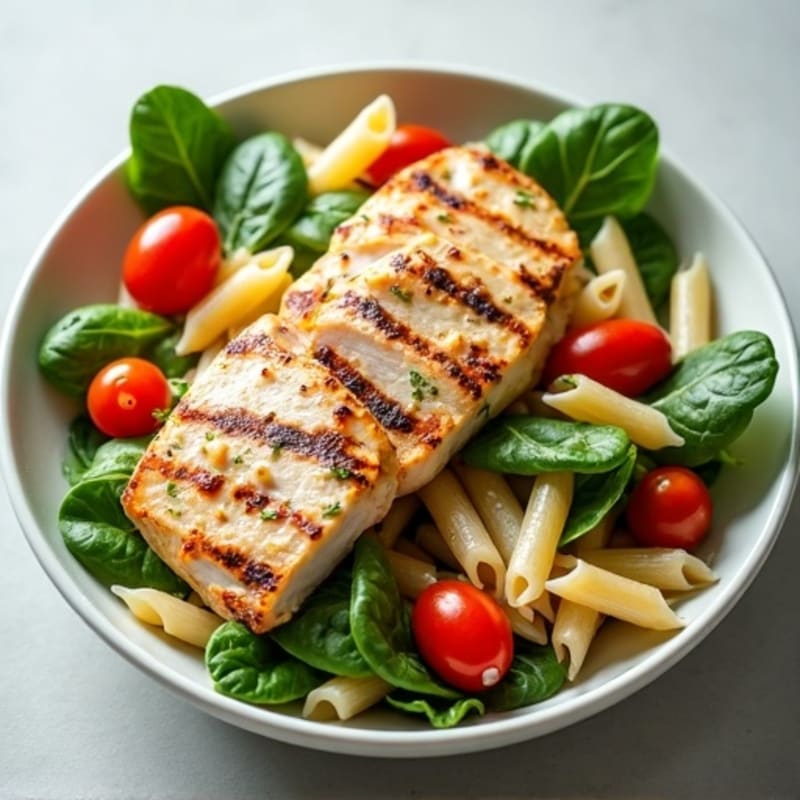 Grilled Chicken Pasta Salad with Spinach and Cherry Tomatoes
