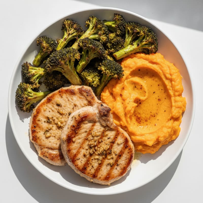 Oven-Baked Pork Chops with Roasted Broccoli and Sweet Potato Mash