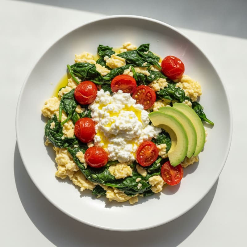 Egg White and Spinach Scramble with Cottage Cheese and Cherry Tomatoes