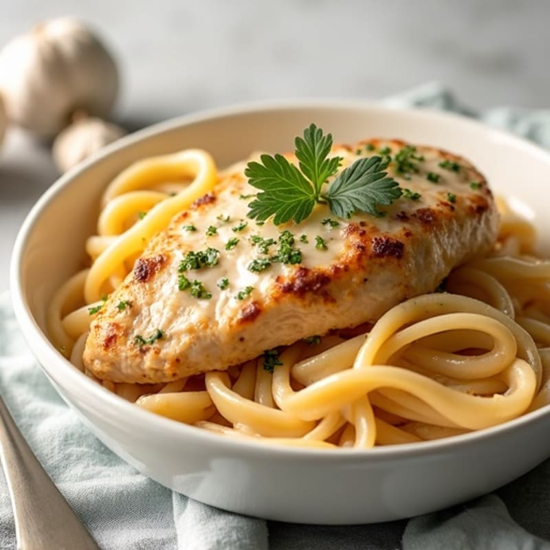Chicken with Lighter Creamy Garlic Parmesan Pasta
