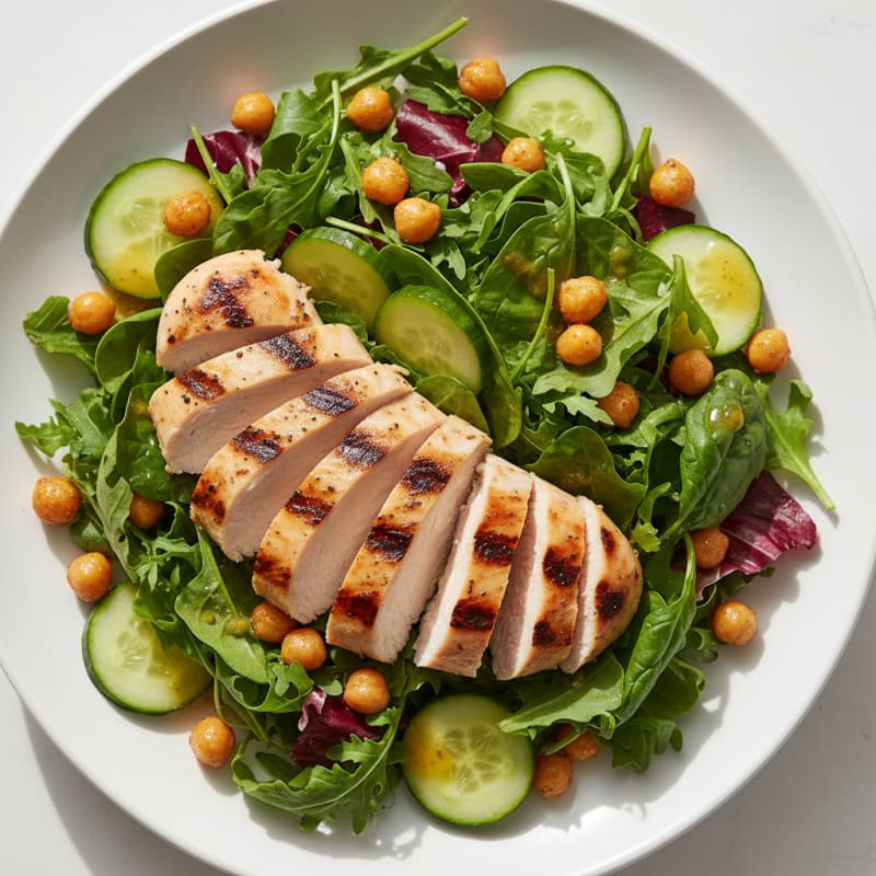 Grilled Chicken Breast Salad with Crunchy Mixed Greens and Chickpeas
