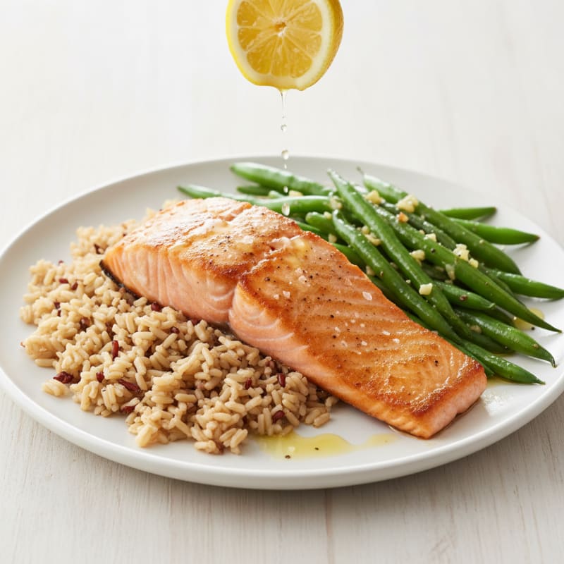 Seared Salmon Fillet with Garlic Green Beans and Brown Rice