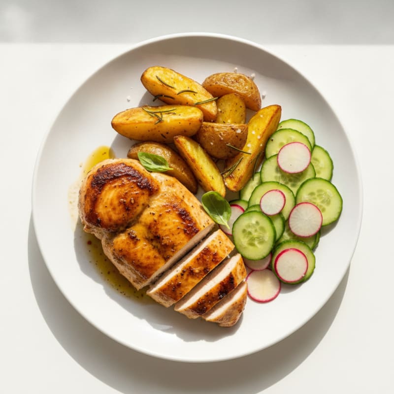 Seared Chicken Breast with Roasted Potatoes and Cucumber