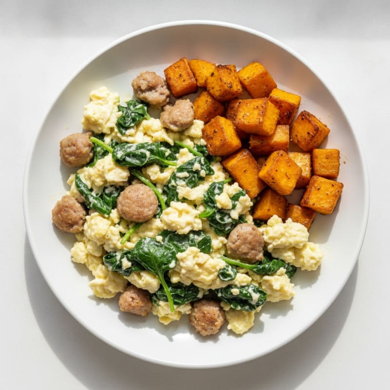 Egg White and Turkey Sausage Scramble with Spinach and Roasted Sweet Potato