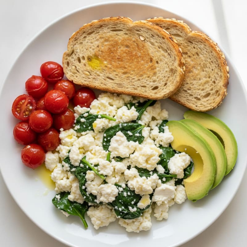Egg White Spinach Scramble with Cottage Cheese and Cherry Tomatoes